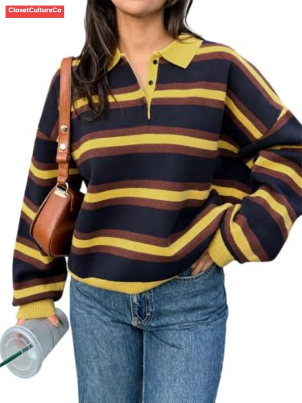 Striped Polo Sweater Casual Pullover Knit Top Long Sleeve